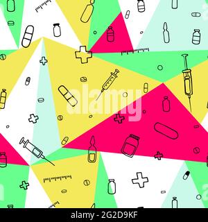 Seamless stock medical pattern. Outline pharmaceutical things on polygonal white, pink, yellow, green background. Syringes, tablets, crosses, plasters Stock Vector