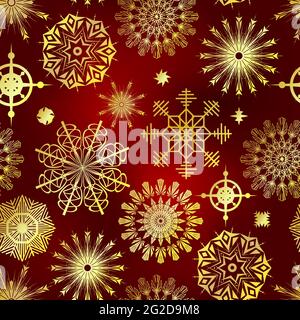 Christmas vector seamless pattern. Set of golden snowflake on a red gradient background. Rich holiday decor. Snowy New Year illustration for wallpaper Stock Vector