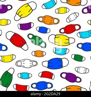 Seamless pattern. Doodle protective medical mask isolated on white background. Set of rainbow masks for doctors, patients, protection against diseases Stock Vector