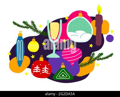 Vector New Year illustration. Christmas tree branches, balls, toys, candles, champagne, prosecco, stars on a multicolor liquid background. Set of fest Stock Vector