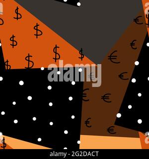 Colored geometric background with euro and dollar symbol. Seamless pattern with polka dot ornament on the theme of money, business, finance. Vector il Stock Vector