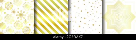 Set of Christmas vector seamless patterns. 4 holiday ornaments for wallpapers, posters, wrapping paper. Set of New Year illustrations with shiny gold Stock Vector