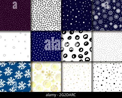 Set of Seamless vector winter patterns. Hand drawn white, gold, black snowflakes on white and blue backgrounds. Collection of illustrations for Snow d Stock Vector