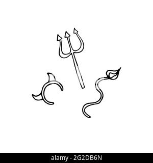 Halloween accessories doodle set. Outline devils look detail. Hand drawn horns, trident, tail isolated on white background. Outfit demon symbol of chi Stock Vector