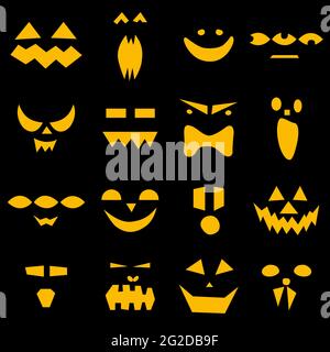 Seamless pattern of halloween scary pumpkins faces on black background. Funny, creepy, smiling faces. Happy Halloween festive symbol. Holiday characte Stock Vector