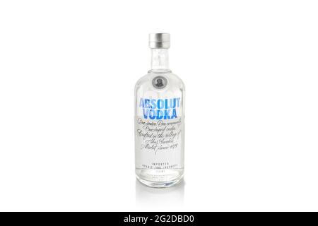 Absolut Vodka bottle on white background. Alcoholic beverage. Russian drink Stock Photo