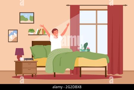 Guy waking up in sunrise early morning after night rest, happy boy awaking in sun Stock Vector