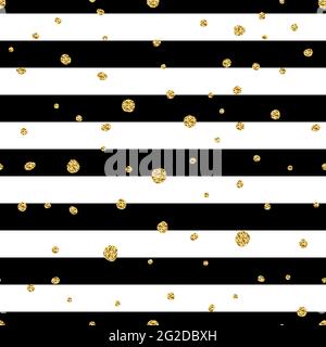 Seamless striped glitter pattern. Gold Sparkles on black and white lines background. Trend Vector illustration for the holidays, wallpaper, posters, w Stock Vector