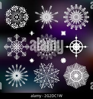 Christmas Vector illustration, paper cut snowflake icon set. Isolated white silhouette on dark gradient background. Applicable as a decorative element Stock Vector