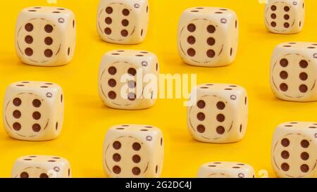 White dices, white dices pattern background, isolated on yellow background. Stock Photo