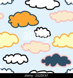 Colorful clouds seamless vector pattern. Cute Scandinavian doodle background for wallpaper, wrapping paper, textile, design for children. Pink, yellow Stock Vector