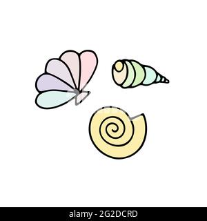 Seashells vector summer set. Pastel mermaid color sea snails isolated on white background. Collection pale cartoon shells for summer holiday decoratio Stock Vector