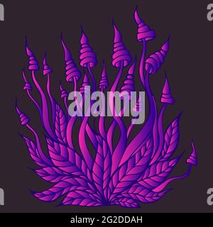 Psychedelic trippy mushroom pattern, neon bright pink violet gradient color, isolated on dark purple background. Decorative stylish element with hallu Stock Vector