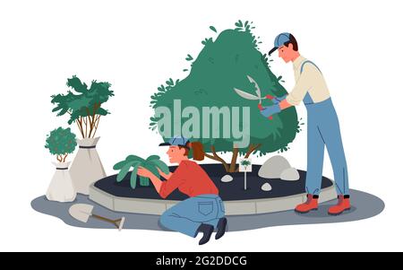 People gardeners work in garden or park, prune plants, workers pruning, trimming shrub Stock Vector