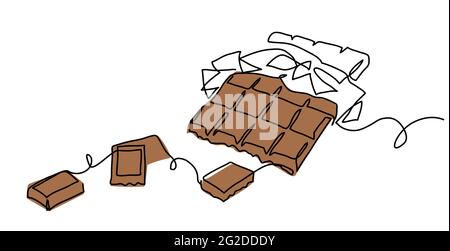 Chocolate bar one continuous line drawing. Unfolded chocolate minimal vector illustration with pieces Stock Vector