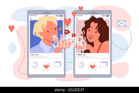 Online romantic dating app users chatting in social media, speech chat bubbles on phones Stock Vector