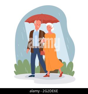 Senior people on date, happy elderly man woman with umbrella walk in rain together Stock Vector