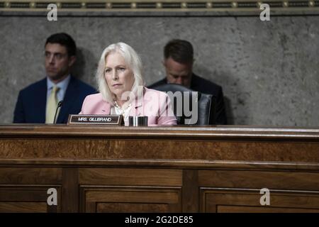 Washington, United States. 10th June, 2021. Senator Kirsten Gillibrand, D-NY, questions witnesses during a Senate Armed Services Committee hearing at the U.S. Capitol in Washington DC, on Thursday, June 10, 2021. The committee heard testimony on the 'Defense Department budget posture in review of the Defense Authorization Request for FY2022.' Photo by Sarah Silbiger/UPI Credit: UPI/Alamy Live News
