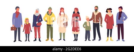 People wear casual winter clothes, man woman kid in trendy outerwear standing in row Stock Vector