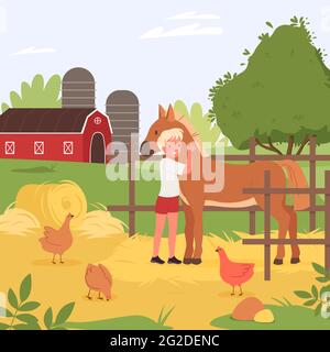 Happy child spend fun time with domestic farm animals, farmer boy hugging cute horse Stock Vector