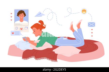 Couple people virtual chat, communication romantic online, girl messaging to young man Stock Vector