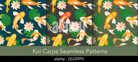 Koi carp fishes swim with lotus seamless pattern set, traditional asian fortune symbol Stock Vector