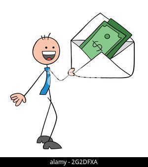 Stickman businessman character holding an envelope and there are moneys in it, vector cartoon illustration. Black outlined and colored. Stock Vector