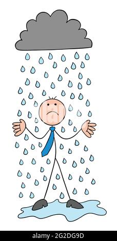 It's raining, stickman businessman character getting wet and unhappy, vector cartoon illustration. Black outlined and colored. Stock Vector