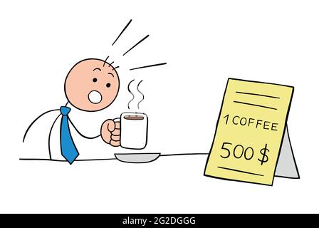 Stickman businessman character drinks coffee and is shocked to see the expensive price of the coffee, vector cartoon illustration. Black outlined and Stock Vector