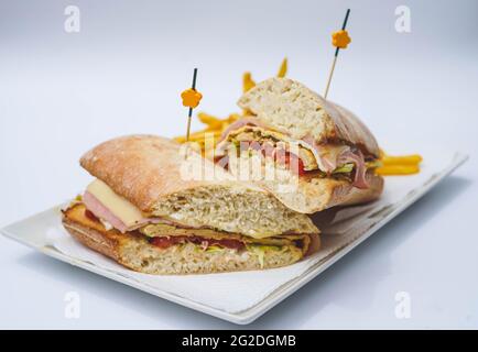 Beef sirloin sandwich with ham and cheese Stock Photo