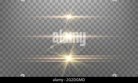 Gold horizontal lens flares set. Isolated on transparent background. Sun flash with rays or gold spotlight and bokeh. Yellow glow flare light effect. Stock Vector