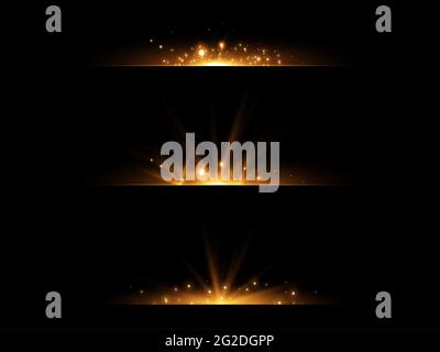 Gold horizontal lens flares set. Isolated on black background. Sun flash with rays or gold spotlight and bokeh. Yellow glow flare light effect. Vector Stock Vector