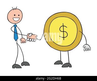 Stickman businessman character shaking hands with dollar coin, vector cartoon illustration. Black outlined and colored. Stock Vector