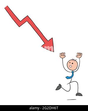 Stickman businessman character running away from arrow falling down, vector cartoon illustration. Black outlined and colored. Stock Vector