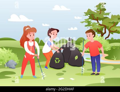 Kids collect garbage, group of boy and girl sort garbage, collecting waste in bags Stock Vector