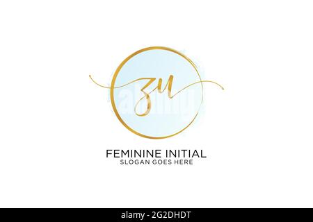 ZU handwriting logo with circle template vector signature, wedding, fashion, floral and botanical with creative template. Stock Vector