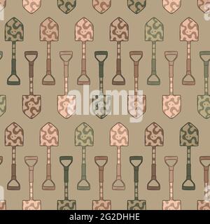 Horizontal doodle camo shovel seamless pattern. Camouflage military spade repeat background. For scrapbooking, wallpaper, fabric, wrapping, invitations, card. Stock Vector