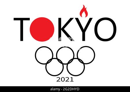 Welcome to Japan. XXXII Summer Olympic Games. Olympic rings and Olympic flame. Tokyo 2021 sports games. For logo, sticker, poster. Stock Vector
