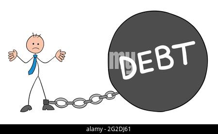 Stickman businessman character went bankrupt and chained to debt weight, vector cartoon illustration. Black outlined and colored. Stock Vector