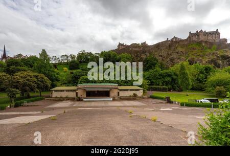 Ross Bandstand was used for live shows and events situated in Princes Street Gardens in the shadow of the historic Edinburgh Castle, Edinburgh, UK Stock Photo