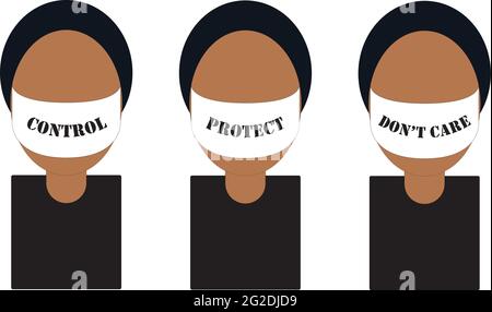 Isolated woman's head icon wearing a facemask with three messages Stock Vector