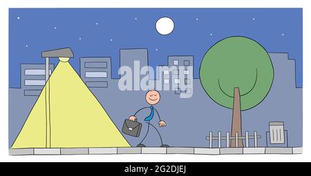 Stickman businessman character walking on the street at night, vector cartoon illustration. Black outlined and colored. Stock Vector