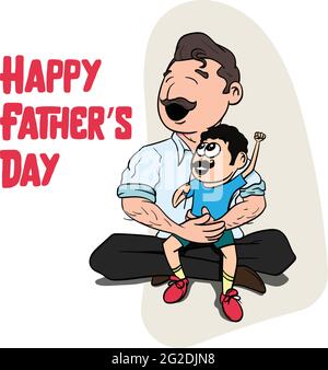 Happy Father's Day Vector Graphic. Kids playing with father. Kid imitating father with mustache. Superhero Father with Kid Sitting in Lap. Stock Vector