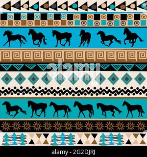 Tribal ethnic pattern with horses silhouettes and traditional symbols Stock Vector