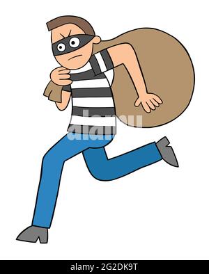 Cartoon thief man running away with sack, vector illustration. Black outlined and colored. Stock Vector