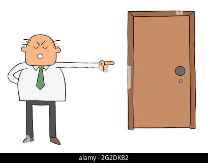 Cartoon angry boss man showing his worker the door, firing him, vector illustration. Black outlined and colored. Stock Vector