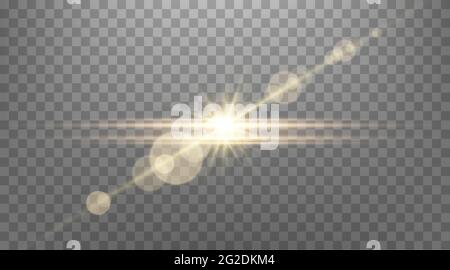 Gold horizontal lens flare. Isolated on transparent background. Sun flash with rays or gold spotlight and bokeh. Yellow glow flare light effect. Vecto Stock Vector