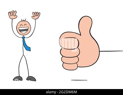Giving thumbs up and stickman businessman character very happy, vector cartoon illustration. Black outlined and colored. Stock Vector