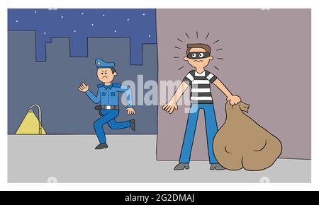 Cartoon thief man is hiding behind the wall, the police are looking for him, vector illustration. Black outlined and colored. Stock Vector