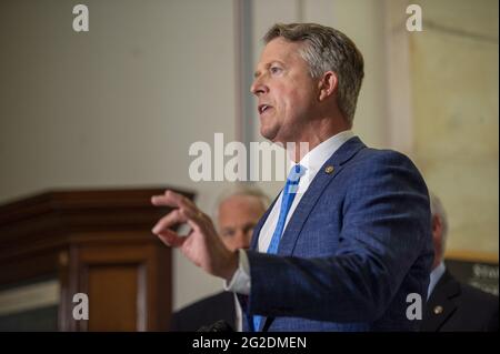 Washington, United States. 10th June, 2021. Senator Roger Marshall, R-KS, speaks during a news conference in the US Capitol in Washington, DC., on Wednesday, June 10, 2021. The conference, held by Senate republicans, discussed Big Tech and coronavirus censorship. Photo by Bonnie Cash/UPI Credit: UPI/Alamy Live News Stock Photo